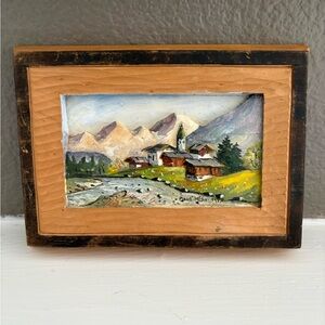 Vintage 1950s Hand Carved Wood Alpine Landscape Painting Plaque Signed